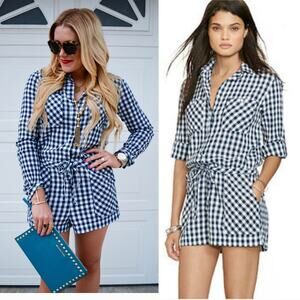 RALPH LAUREN D&S Dark Navy Blue & White Gingham Stripe Jumpsuit – Small